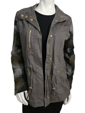 For Ever 21 Womens Gray Utility Jacket with Patterned Sleeves Size M NWT